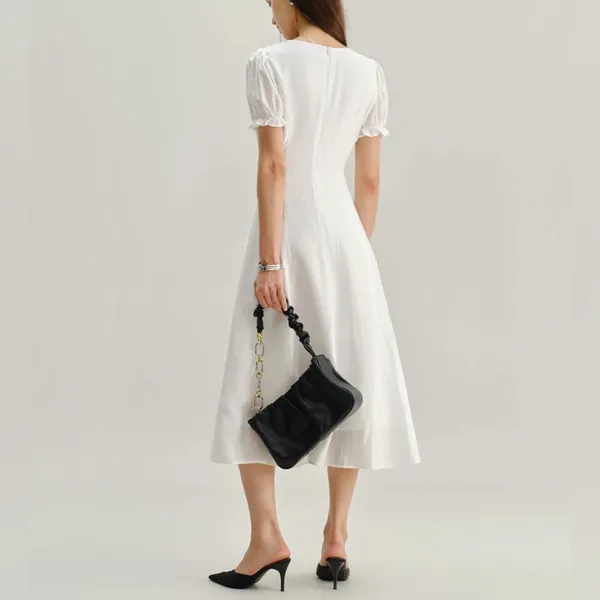 Rihoas White Puffed Sleeve V Neck Midi Dress - Image 4