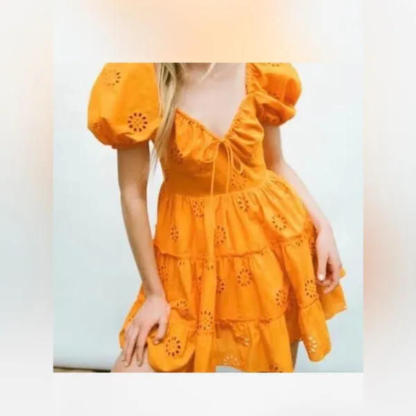 ZARA Orange Eyelet Puff-Sleeve Mini Dress - Image 4