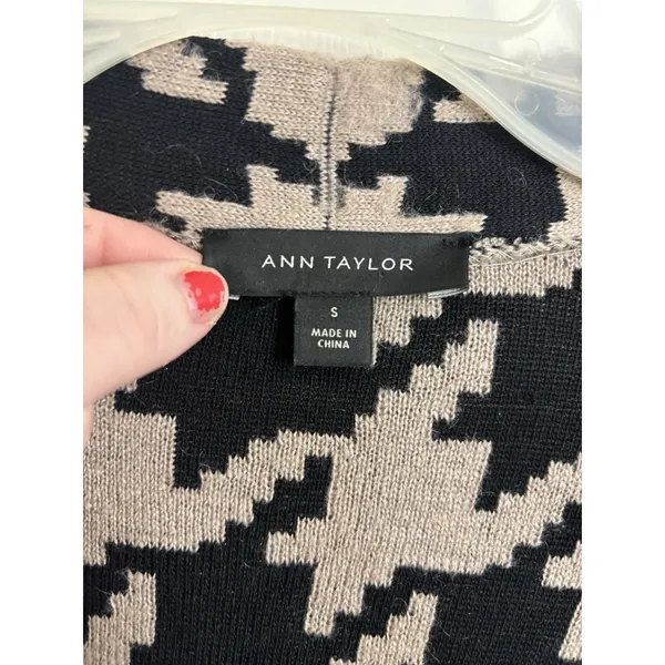 Ann Taylor Wool Blend Houndstooth Open Front Cardigan Sweater S Pockets Cozy - Image 3