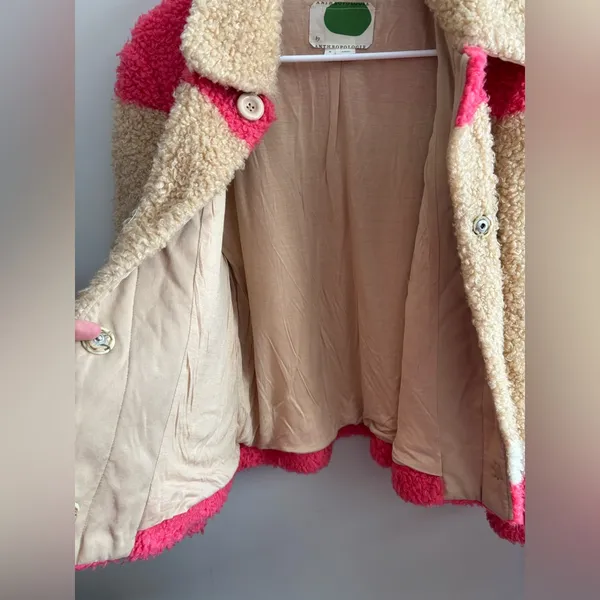 Anthropologie Color block Sherpa Jacket with Pink,‎ Tan, and Cream Medium - Image 4