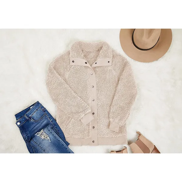 Sherpa Fleece Jacket Warm Long Sleeve Button Down Fuzzy Faux Wool with Pockets S - Image 6