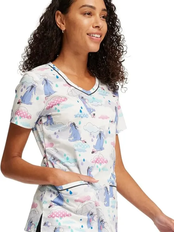 Disney Eeyore Sunshower Womens Scrub Top V-Neck Short Sleeve Pockets Size Small - Image 14