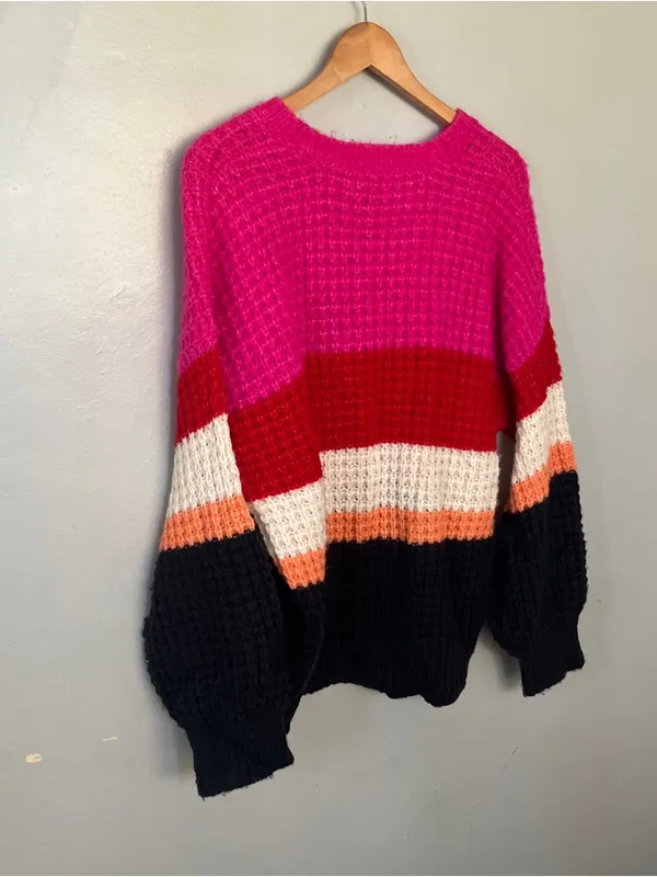 Colorblock Knit Sweater - Pink/Red/Black Large - Image 5