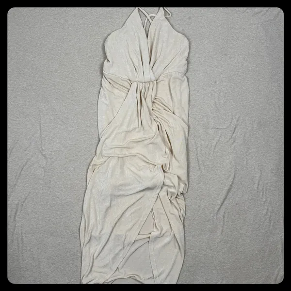 Mable Ruched‎ Wrap Maxi Dress Beige Spaghetti Strap Halter Neck Size S - Image 2