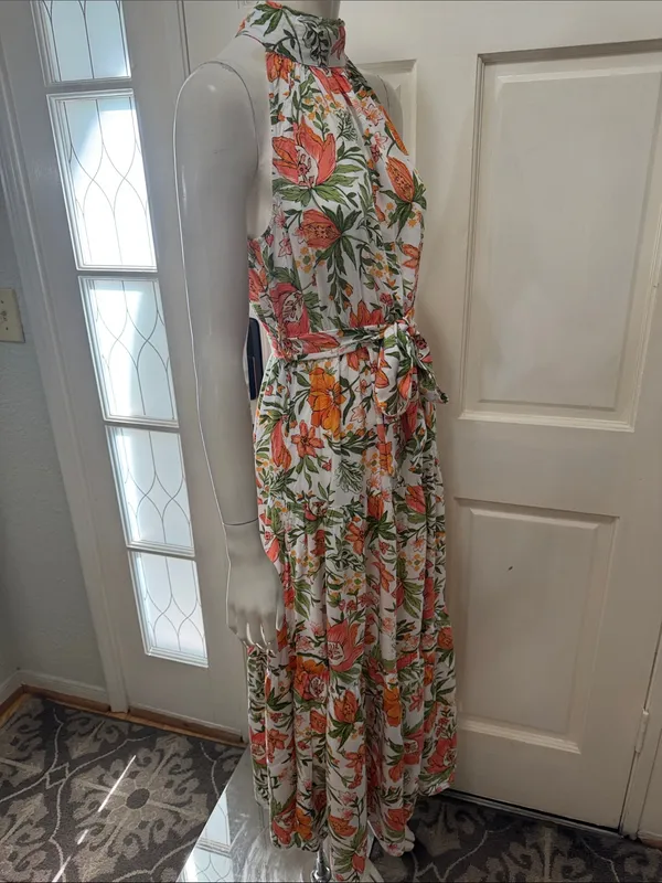 Petal&Pup Floral Halter Maxi Dress in White with Orange & Green Size 4 - Image 10