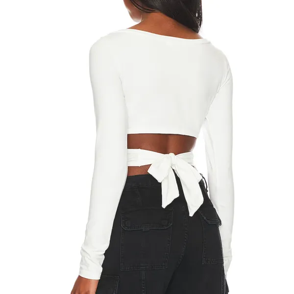 Lovers + Friends White Wrap Crop Top XS Waist Tie Long Sleeve Cut Out $105 NEW - Image 3