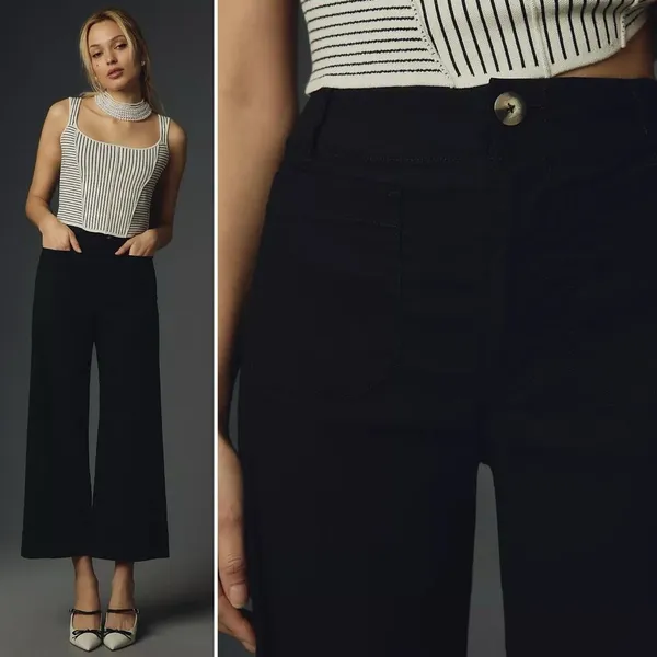 Maeve Anthropologie Colette Cropped Wide-Leg Pants in Black Size 28P - Image 2
