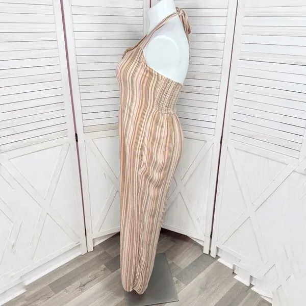 American Eagle Boho Striped Gauze Wide Leg Smocked Jumpsuit‎ Beige Large - Image 3