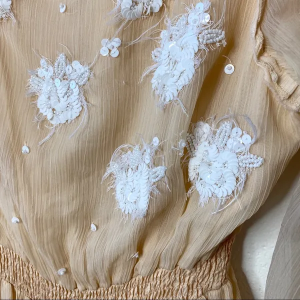 ASOS Sequin Flower Sheer Sleeve Nude Dress Size 6 - Image 4
