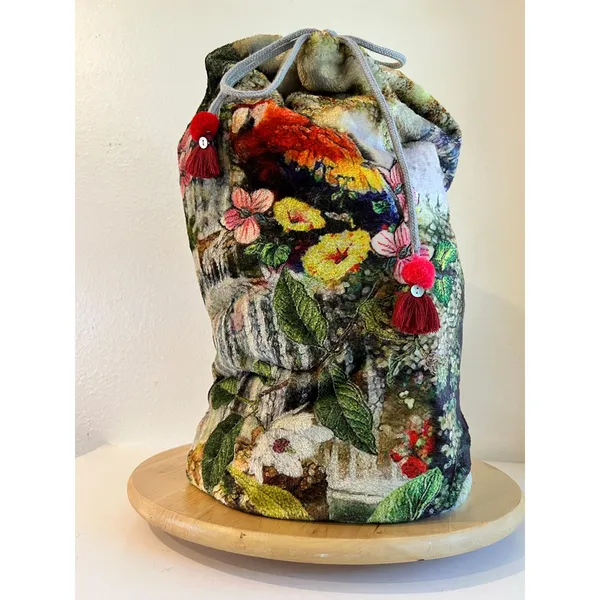 Johnny Was Cozy Plush Drawstring Bucket Sling Bag Large Tropical Parrot Jungle - Image 2