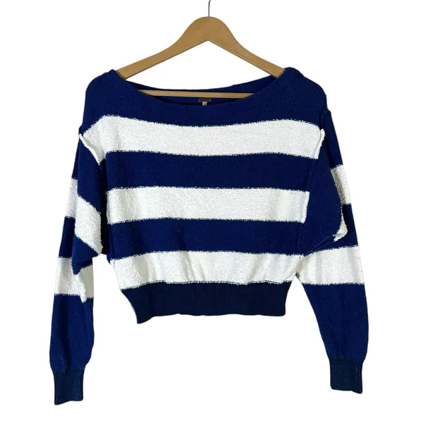 Free People Found My Friend Striped Bouclé Knit Sweater Navy Blue White Size XS - Image 2