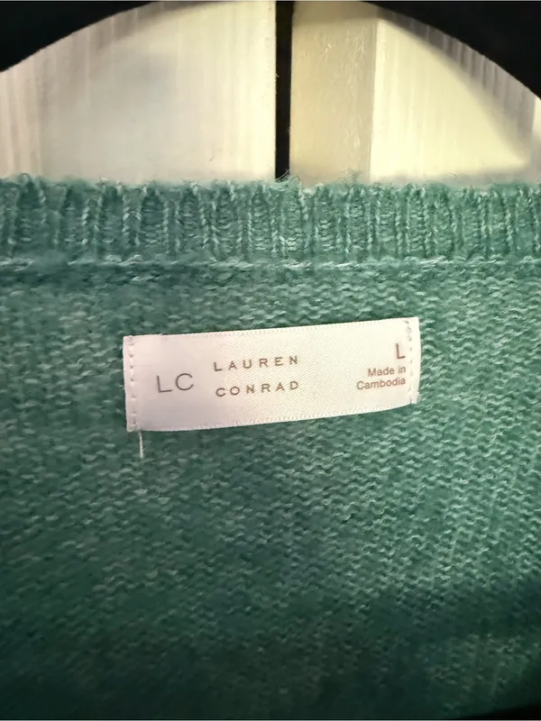 Women's LC Lauren Conrad Pointelle Henley Knitted Sweater Emerald Green Large - Image 5