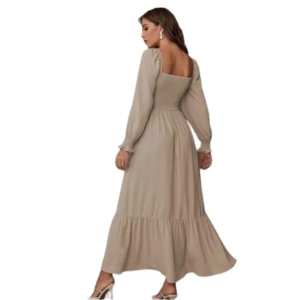 Khaki Smocked Maxi Dress Large Boho Square Neck Ruffle Hem Festival - Image 2