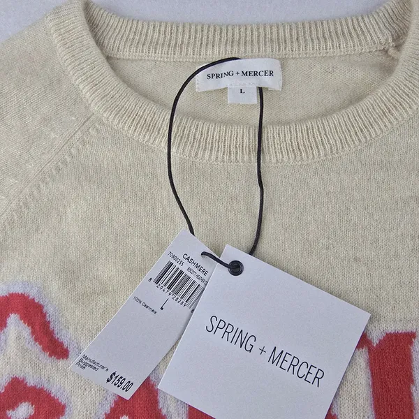 SPRING + MERCER NWT Cream Cashmere Sweater Red‎ Escape Script Logo Size Large Red - Image 5