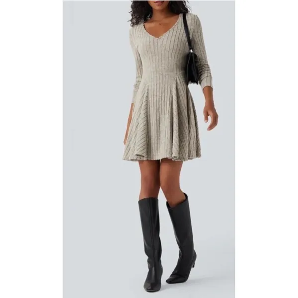 Halara Womens Long Sleeve Ribbed V-Neck Fit & Flare Mini Dress Oatmeal Grey‎ S - Image 12
