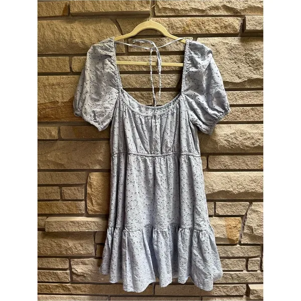 & 0ther Stories Puff Sleeve Light blue Organic Cotton Eyelet Dress 12 - Image 3