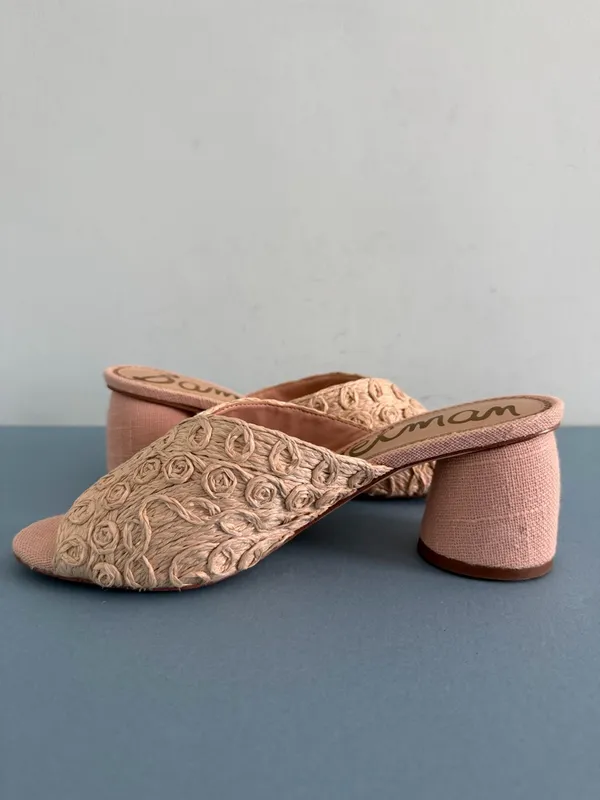 Sam‎ Edelman Sareen Seashell Pink Woven Raffia Block Heel Mule Sandals - Image 6
