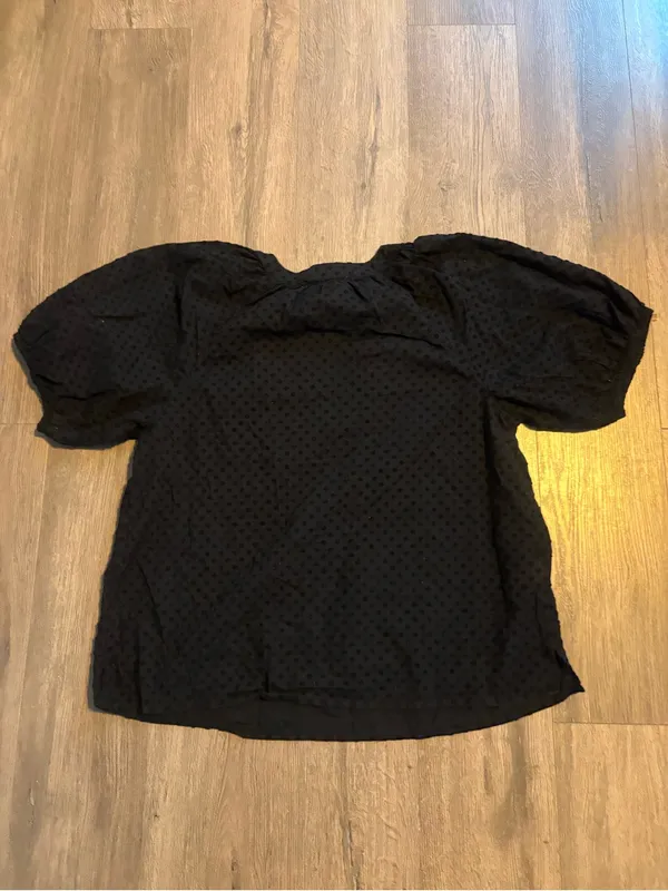 LOFT Black Clip Dot Puff Sleeve Blouse Top Size Large L Textured Peasant Shirt - Image 2