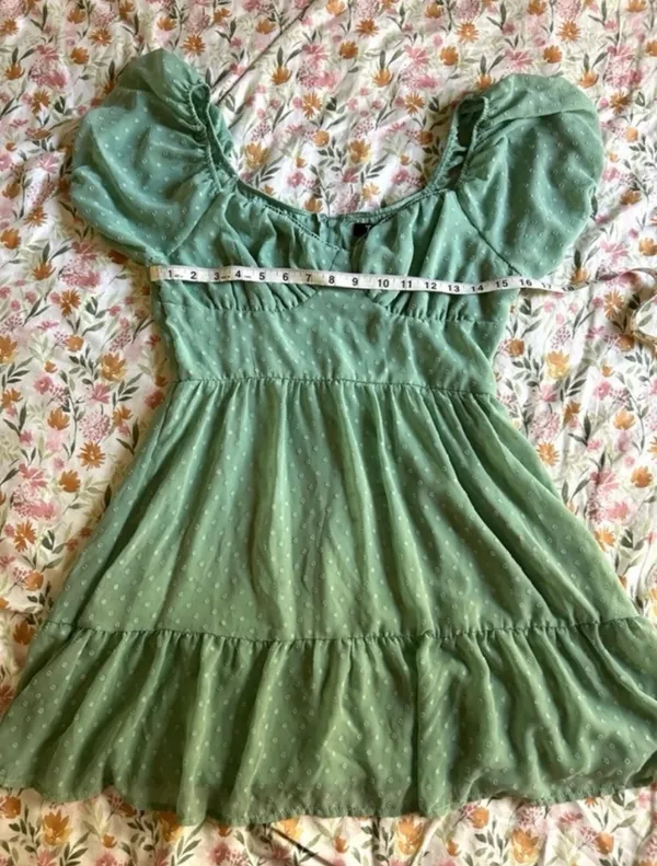 Trixxi Sage Green Puff Sleeve Swiss Dot Mini Dress M Cottagecore Summer - Image 8