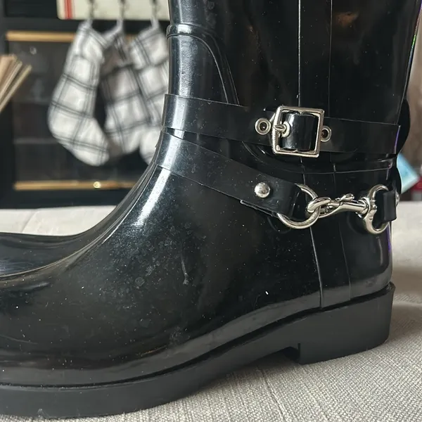 Coach Lori Black Rubber Tall Rain Boots W/ Silver Hardware Size 8 - Image 4