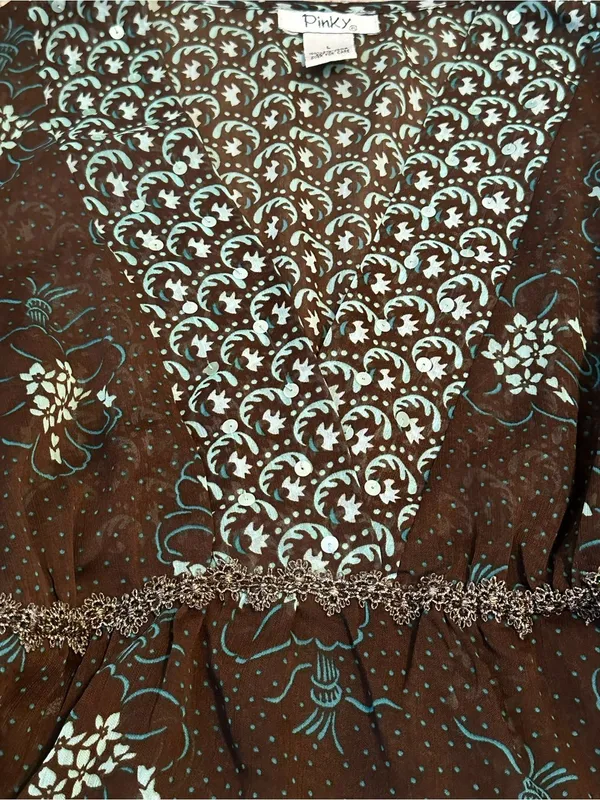 Vintage Babydoll Top Empire Waist Embroidered Trim Sequins Neckline Semi Sheer - Image 3
