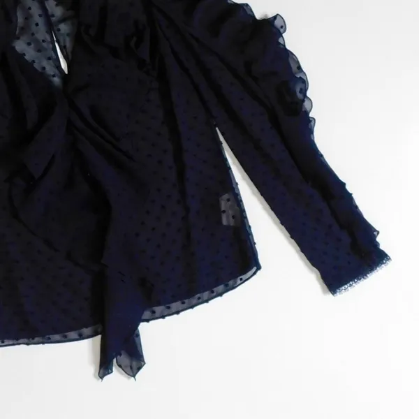 NICHOLAS Navy Blue Swiss Dot Cutout Cold Shoulder‎ Top Blouse Ruffle Size 0 - Image 5