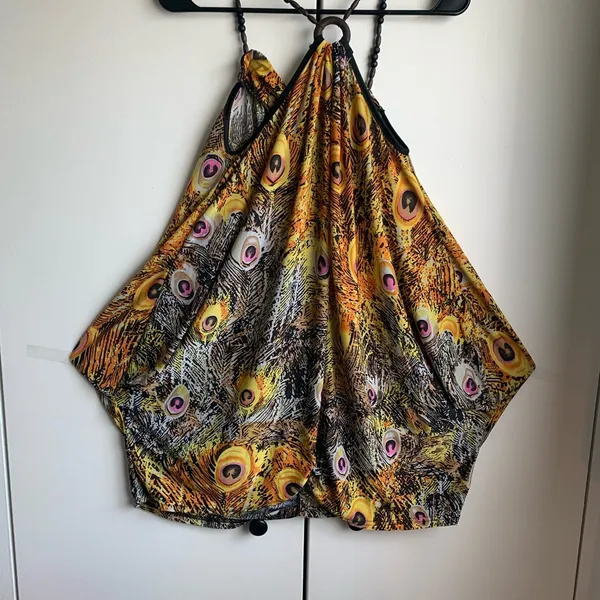 Peacock Print Halter Dress Yellow Size M - Image 3