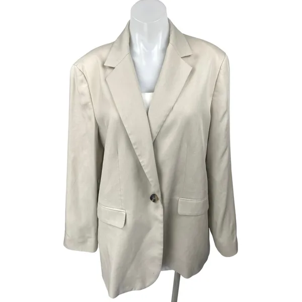Zara Women's Cream Beige Long Sleeve One Button Blazer Coat Suit Jacket Size XL - Image 2