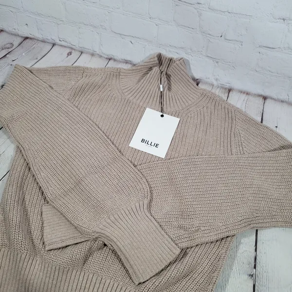 Billie The‎ Label Amelia Sweater Ribbed Mock Neck Balloon Sleeve Pumice Medium - Image 5