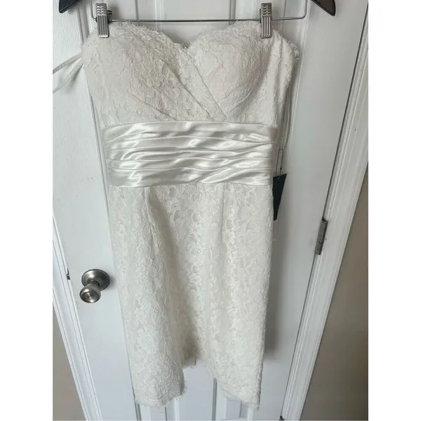 KNT LTD Wedding Short Mini Dress sz 6 Ivory lace Strapless Sheath - Image 8