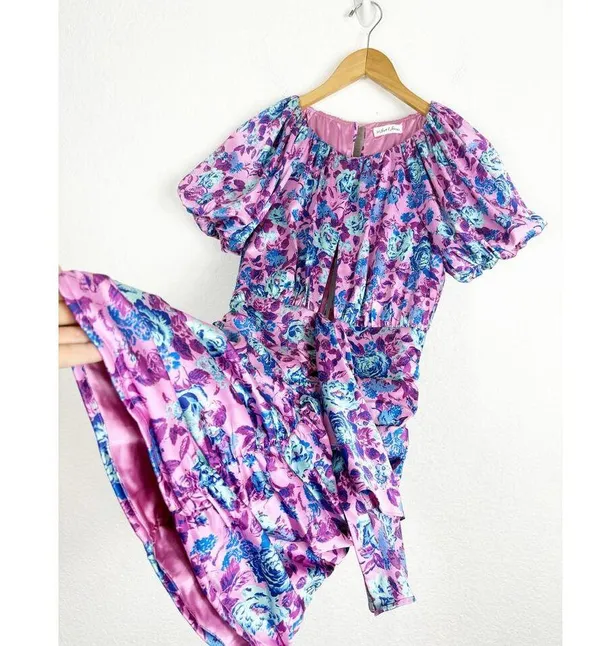 For Love & Lemons Tahiti Ruched Mini Dress Small Purple Floral Satin Cottagecore - Image 11