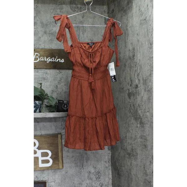NWT Trixxi Juniors Square-Neck Tie-Strap Fit Flare Mini Dress Brown Orange S - Image 5