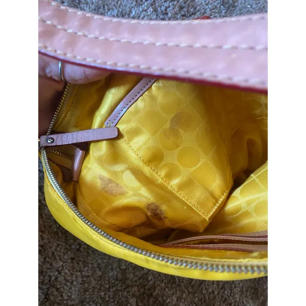 Kate Spade Yellow Nylon Shoulder Purse Hand Bag Brown Leather Trim Zip Top - Image 8