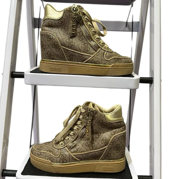 Guess Fiora Wedge Sneaker Lace and Zip Up Brown Cream Gold Shoes Womens 5 M - Image 4