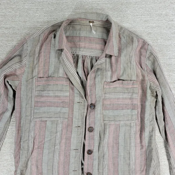 Free People High Tide Shirt XS Tan Pink Womens Striped Oversized Button Up Boho - Image 2