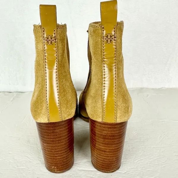 Tory Burch Stafford Suede Ankle Boots Size 8 Tan Beige Pull On Wood Block Heel - Image 9