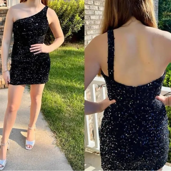 Source Unknown Black Sequin One Shoulder Mini Dress Bodycon Party Cocktail Size 4 - Image 2