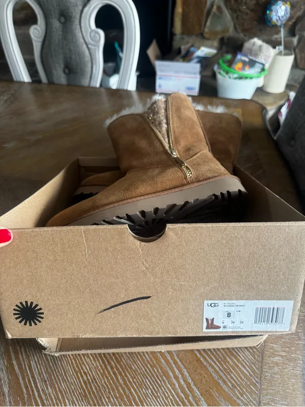 UGG Chestnut Suede Shearling Mid-Calf Boot with Gold Zip & Gem Accent - Image 3