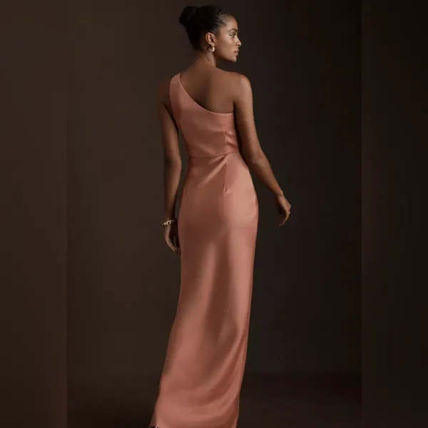 BHLDN Dylan One-Shoulder Satin Side-Slit Gown in Sedona Dusty Pink Anthropologie - Image 9