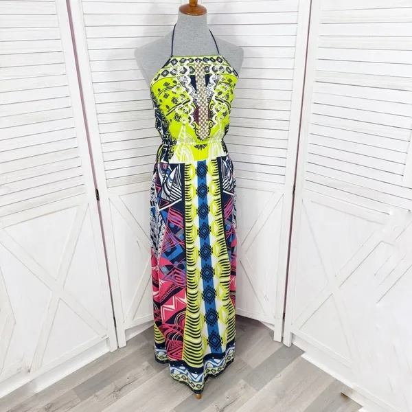 Alya Tribal Print Beaded Maxi‎ Halter Dress Neon Yellow Multicolor Small - Image 2