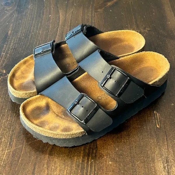Papillio Birkenstock Arizona Platform Sandals 38 Black Two Strap Boho Minimalist - Image 2