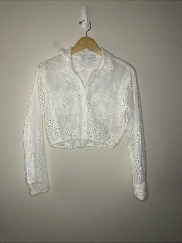 STILLWATER THE EYELET CROP FAVORITE SHIRT white lace cotton size S boho western - Image 2