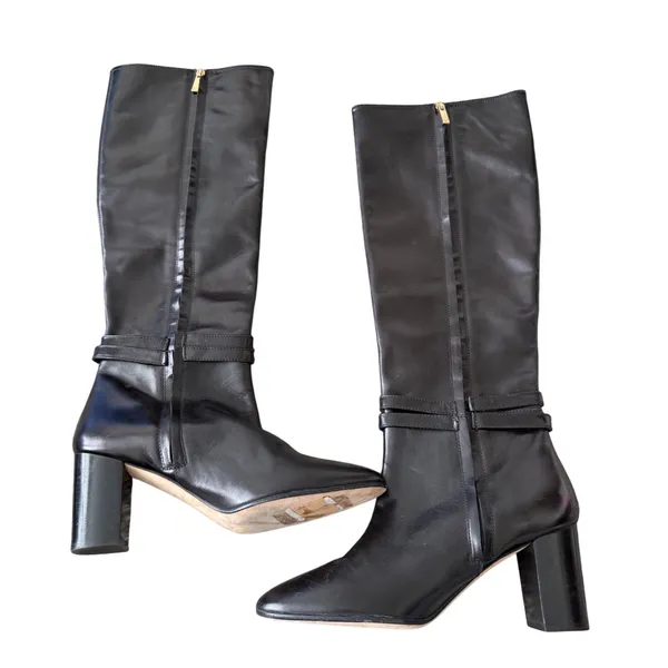 Bruno Magli Adriana Black Leather Tall Boots Gold Hardware Block Heel Italy 8.5 - Image 3