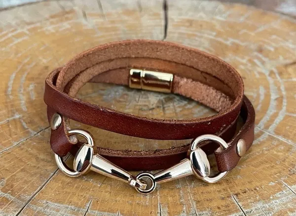 Snaffle Bit Wrap Bracelet with Brown Genuine Leather - Image 2