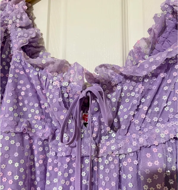 Buddy Love “Jac Puff” Sequin Purple Dress | M | Like-new Lavender Floral Overlay - Image 4
