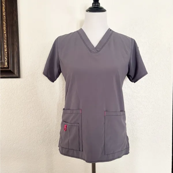 Carhartt Force Cross-Flex‎ Scrub Top Size S Grey V-Neck Medical Uniform C12110 - Image 2