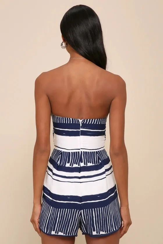 Lulus Delphi Blue and White Striped Tie-Front Strapless Romper - Image 2