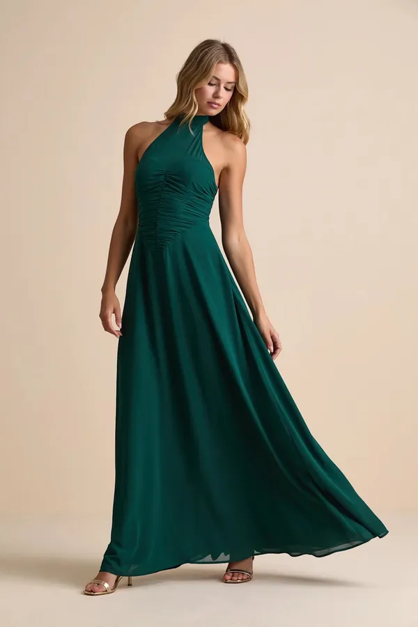 Lulu’s Cammie Emerald Halter Neck Ruched Maxi Dress - Image 4