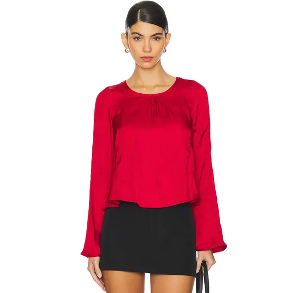 Free People Arabella Blouse Rubies Red Satin Long Sleeve Bow Back Medium NWT - Image 10
