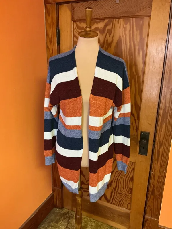 Boho Striped Long Cardigan Duster Cozy Fall Layer Rust Blue XL ECOWISH - Image 6